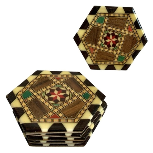 Vintage Set of 6 Geometric Pinwheel Wood Inlay Lacquer Marquetry Coaster Hexagon - Picture 2 of 4